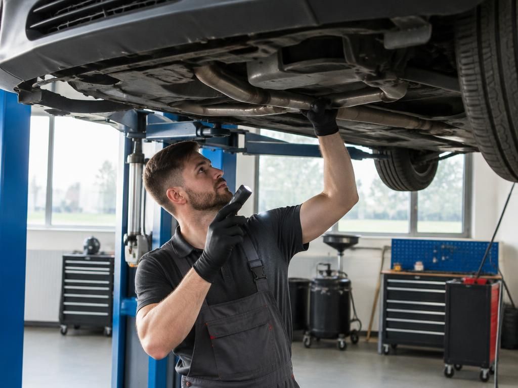 Mechanik kontroluje podvozek vozu na zvedáku
