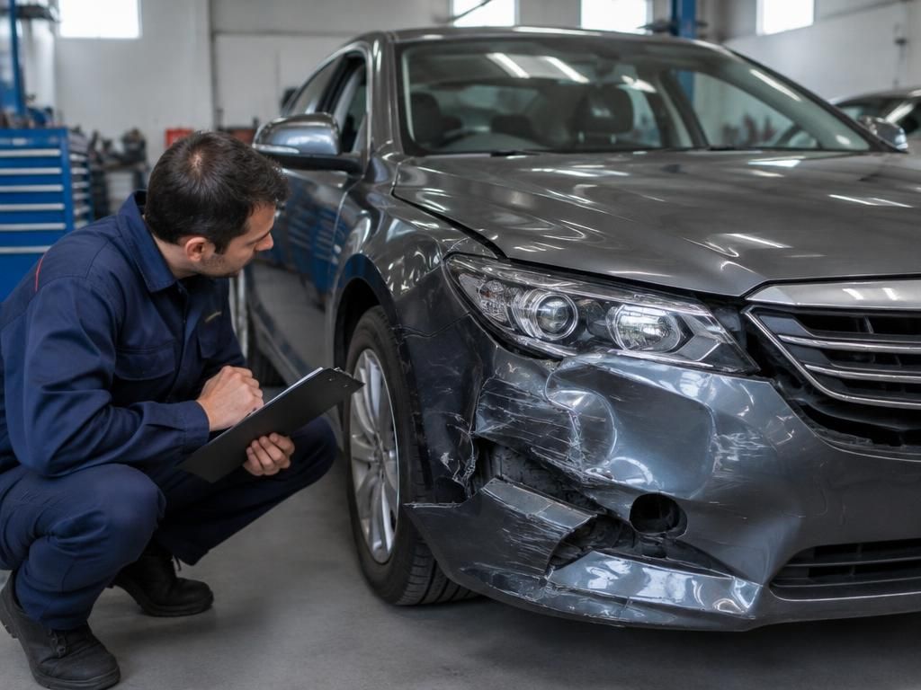 Technik posuzuje poškození vozu po nehodě