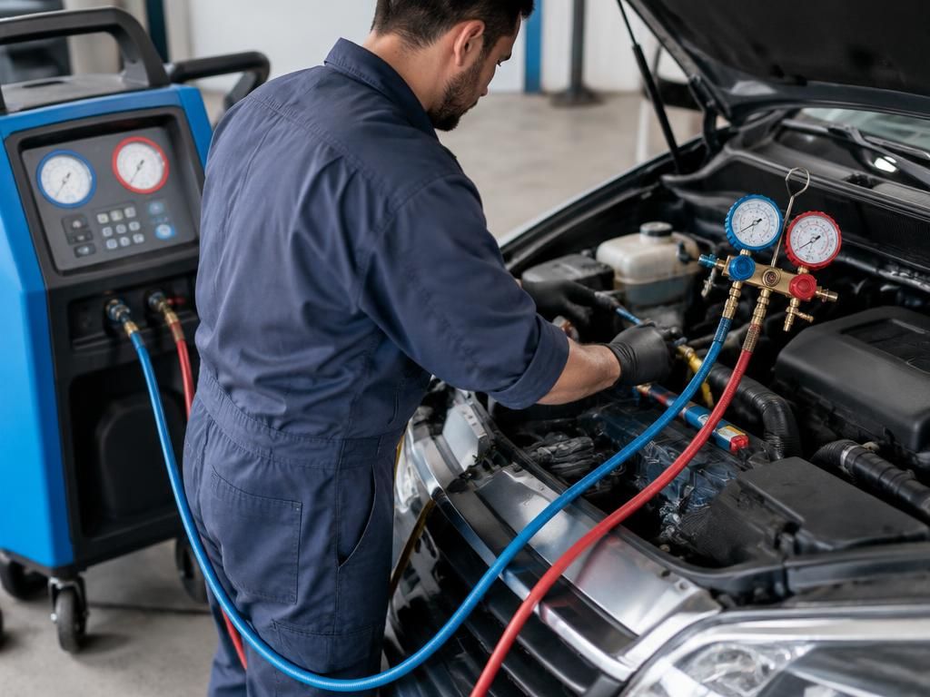 Servis autoklimatizace s tlakoměry a plnicí stanicí